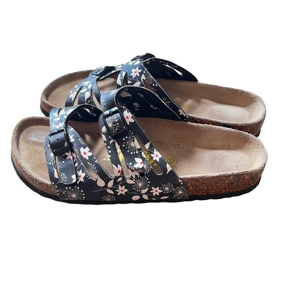 Viking Black White Floral Buckle Cut Out "Brama" Cork Birkenstock Style Sandal‎ - Picture 5 of 10